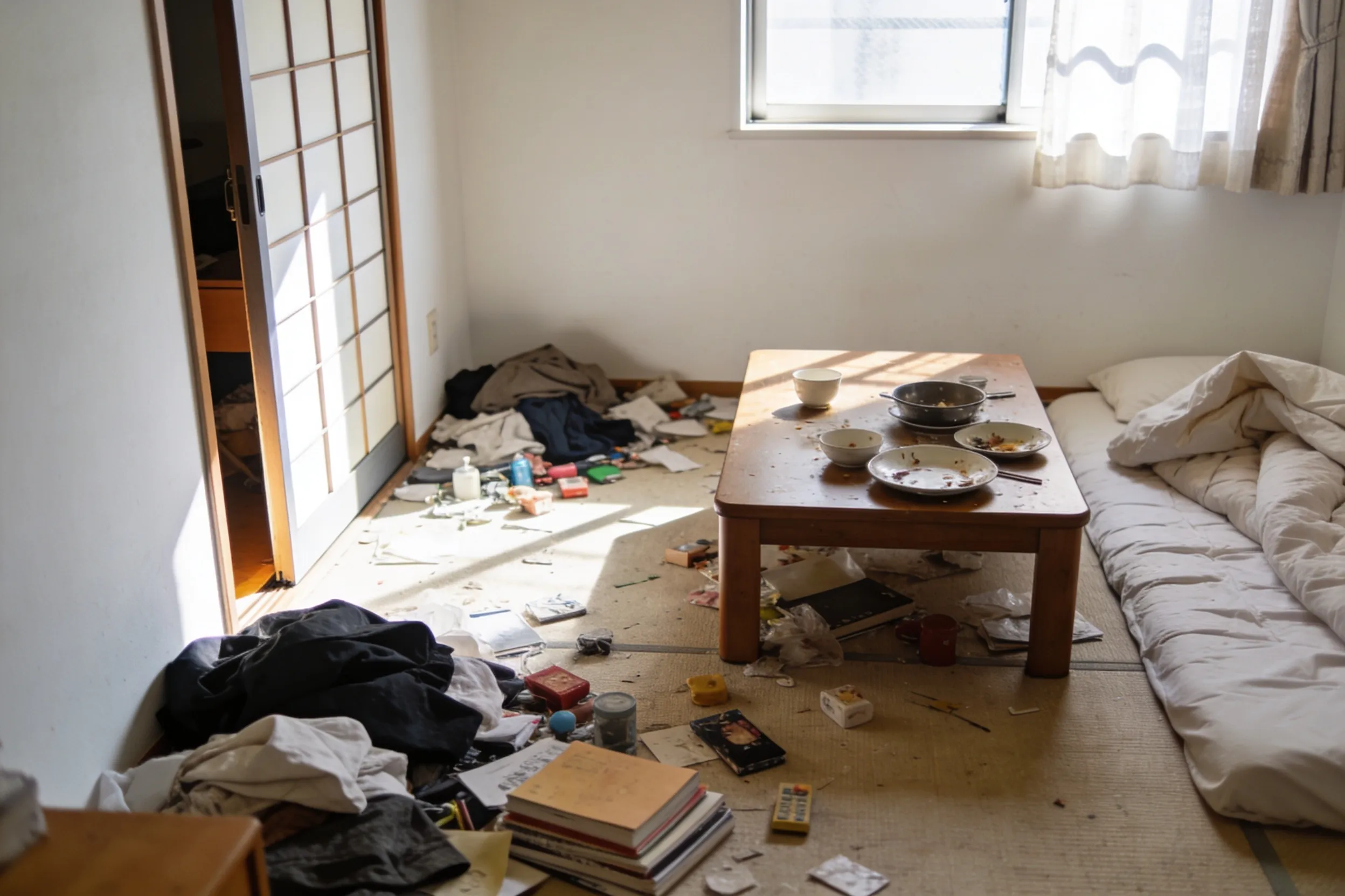 床に散らかった部屋のビフォー状態から、一か所に集めた物の山を作るリセット作業