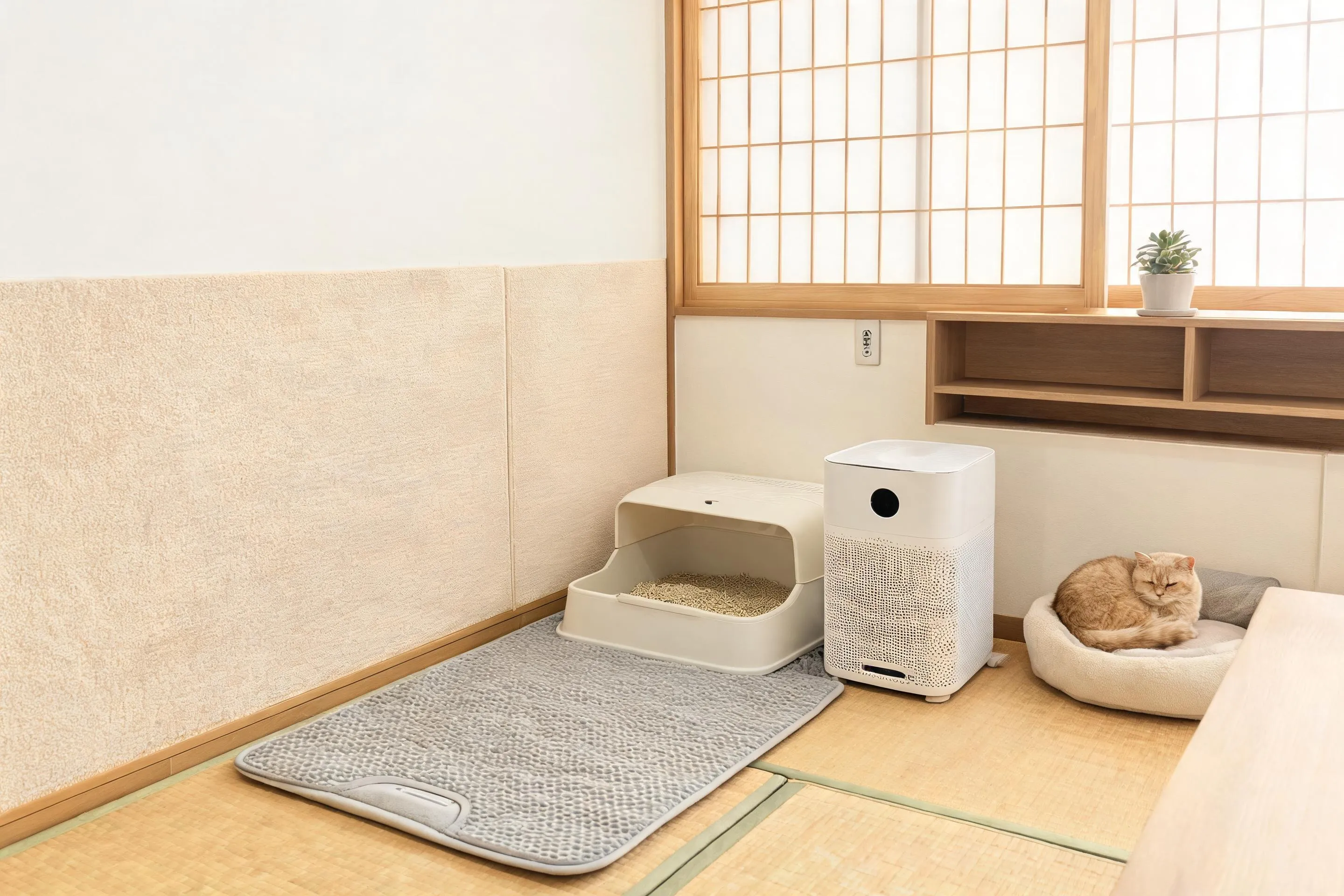 傷防止・匂い対策グッズの活用写真、壁保護シートや猫砂マットなどの具体的アイテムと設置例