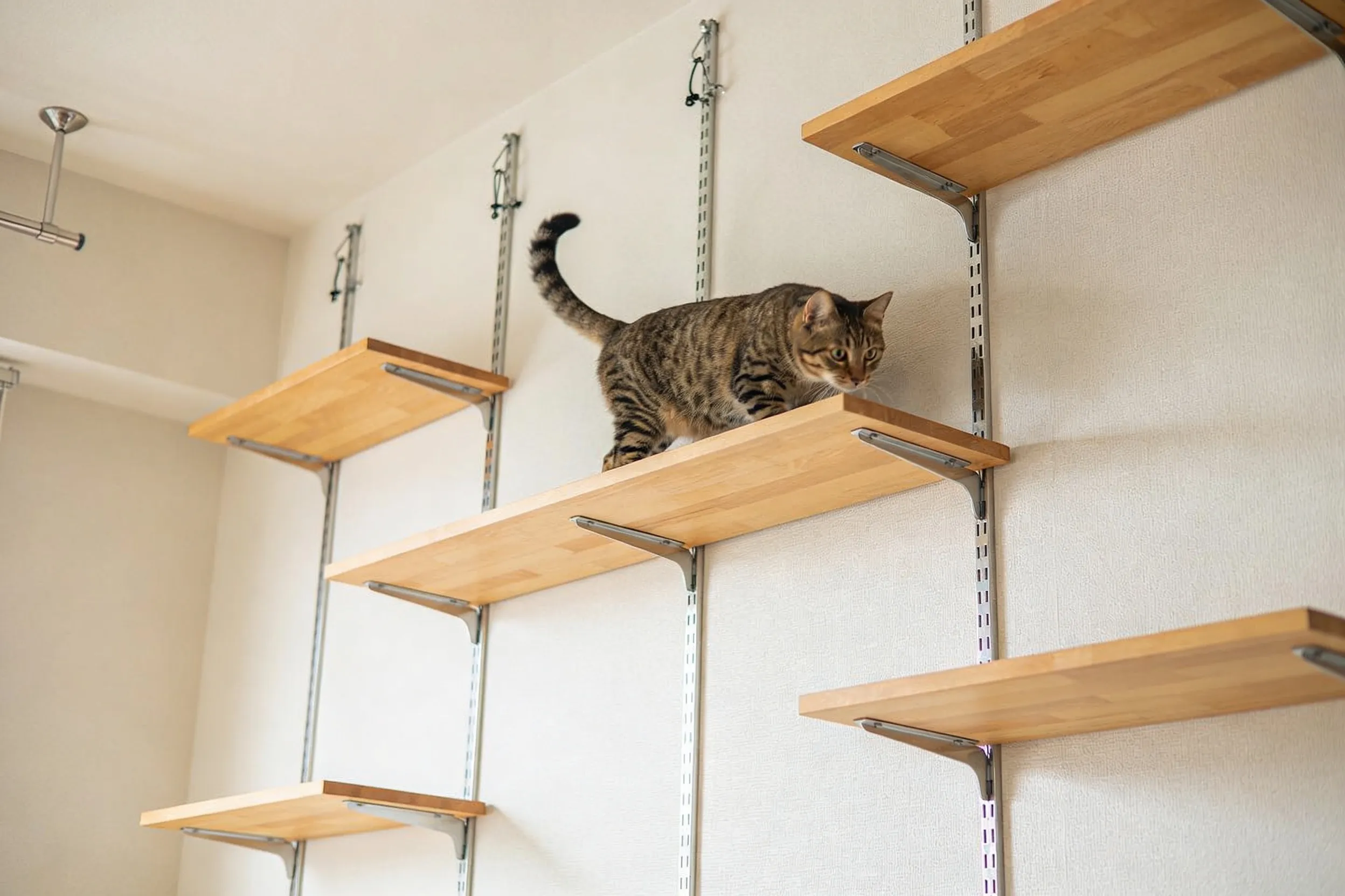 キャットウォークDIYの設置例と作り方、突っ張り棒と棚受けを活用した賃貸でも設置できる猫用壁面通路