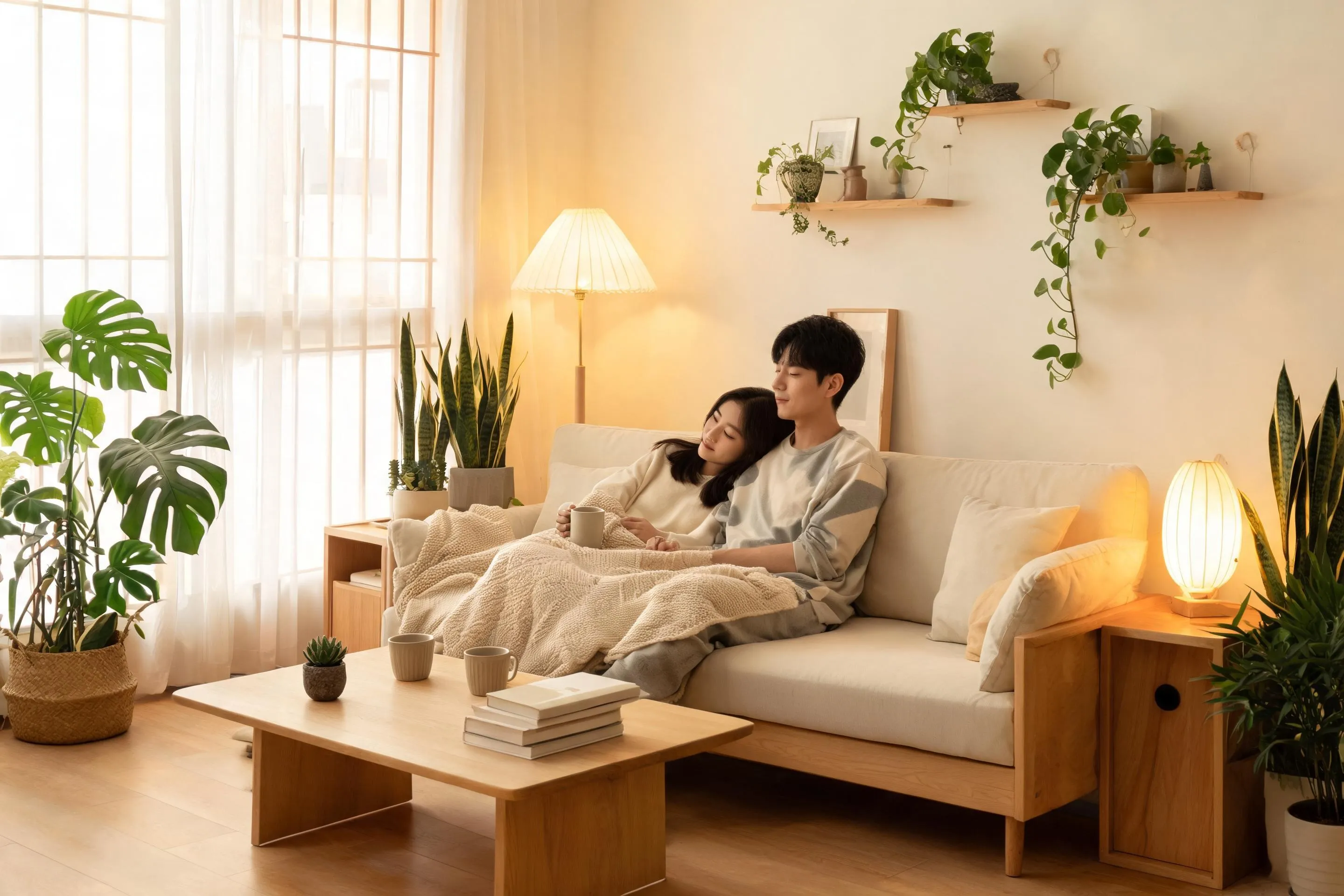 カップルの部屋実例、おしゃれなリビングでくつろぐ二人暮らしの空間