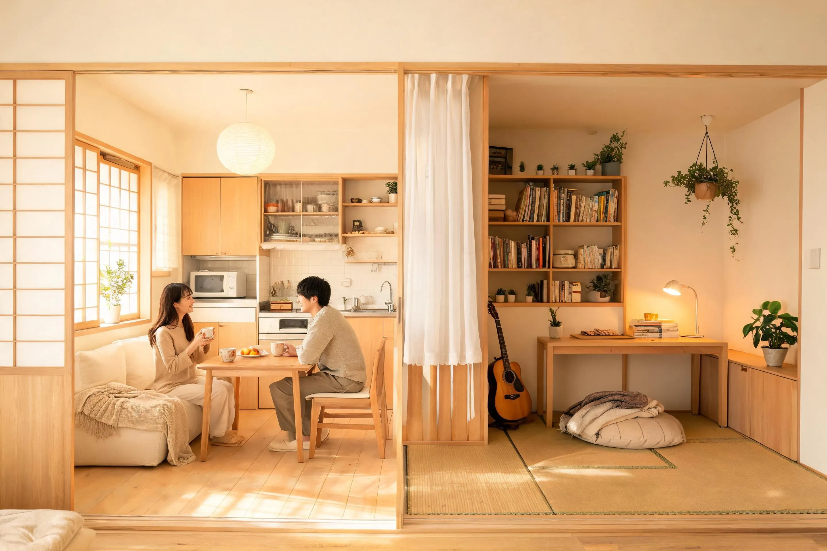 二人暮らしの部屋における共有スペースと個人スペースのゾーニング図解