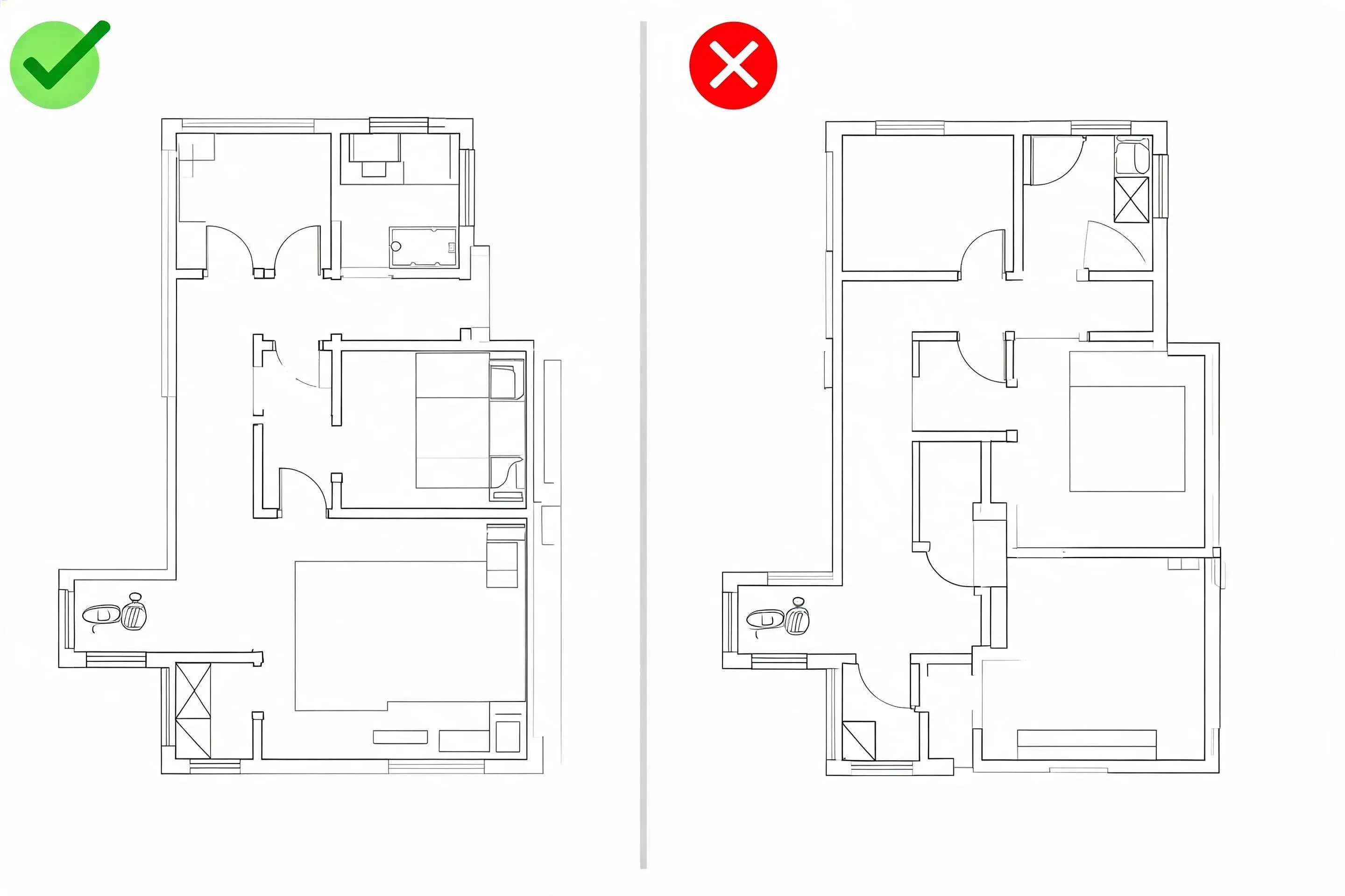 生活動線が良い間取りと悪い間取りの比較図