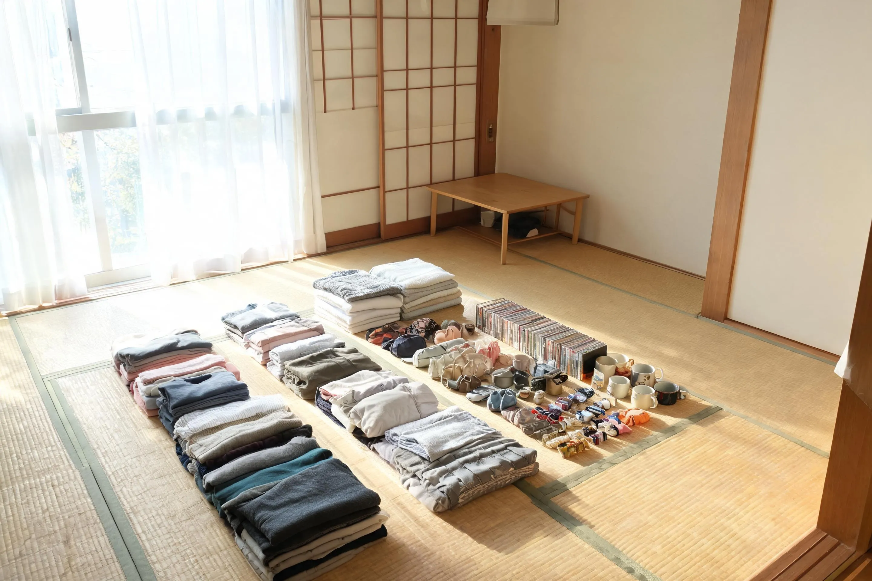 見せる収納を始める前の第一歩、全出しで持ち物の総量と向き合っている様子